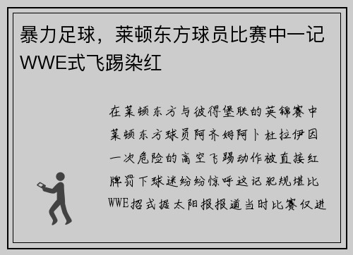 暴力足球，莱顿东方球员比赛中一记WWE式飞踢染红