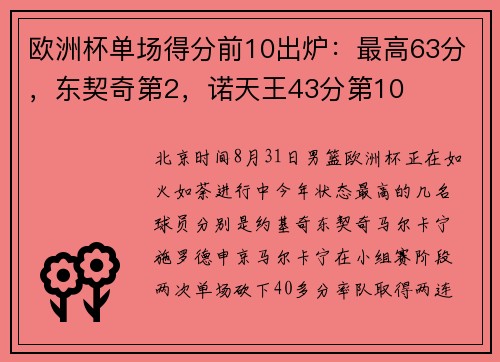 欧洲杯单场得分前10出炉：最高63分，东契奇第2，诺天王43分第10